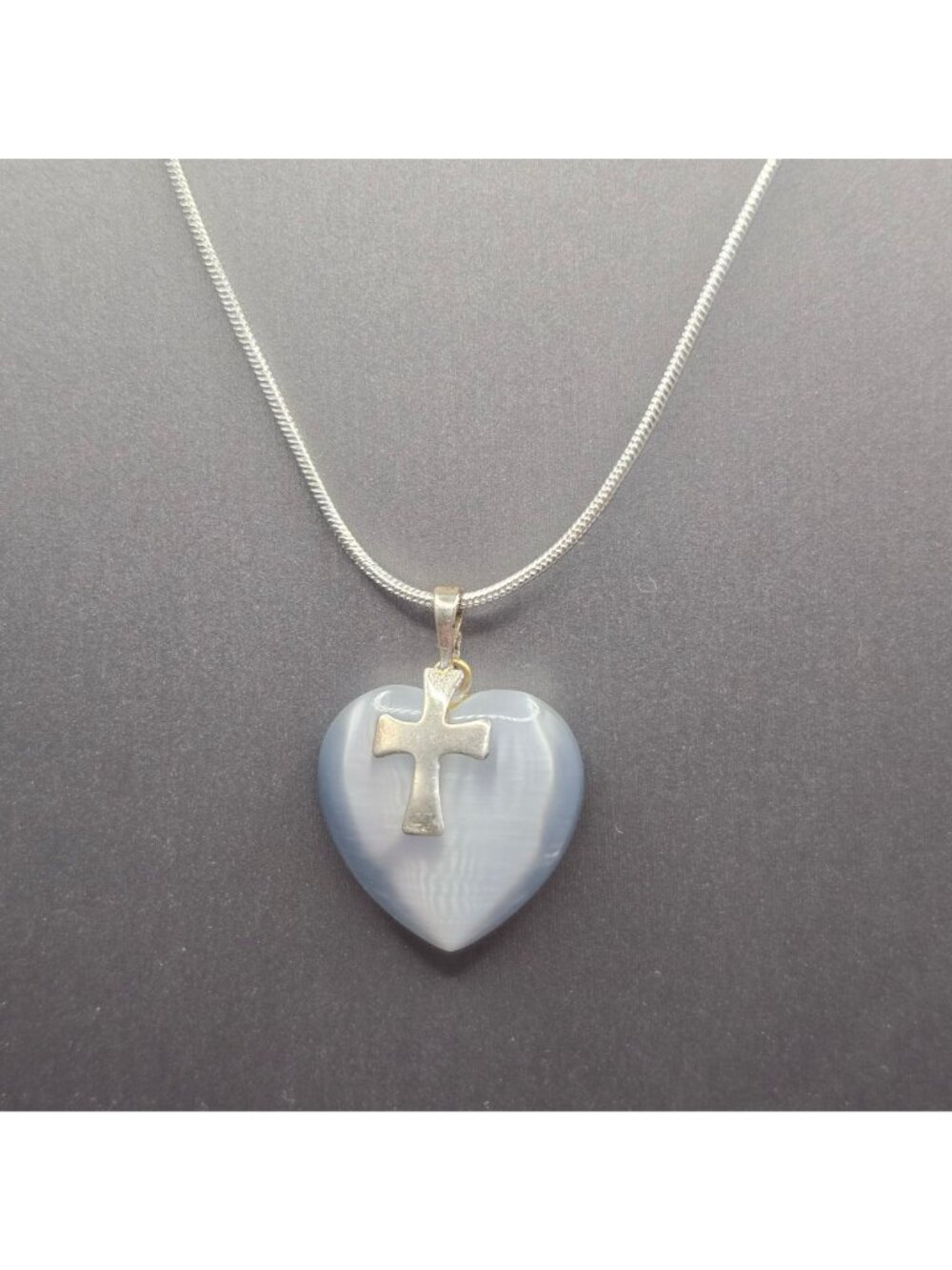 Sterling Silver Cats Eye Quartz Heart Cross Pendant Necklace 24" Snake Chain - Picture 9 of 9